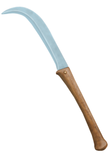 A straight blade about half a meter long, narrowing and bent through 90 degrees at the tip to form a hook, with a waisted wooden handle almost as long as the blade, suitable for using two-handed.