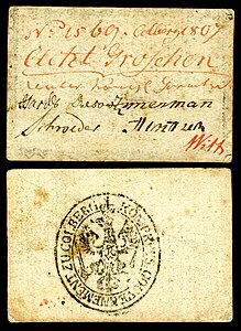 Obverse and reverse of a eight-groschen banknote issued during the siege of Kolberg
