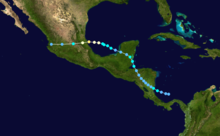 A track map of the path of a hurricane over the western Caribbean Sea, Central America, the Bay of Campeche, and central Mexico
