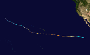 Map plotting the track and the intensity of the storm, according to the Saffir–Simpson scale. The storm headed southeast from the northwest Pacific Ocean reaching a peak intensity of Category 4 south of Hawaii, before ending its course west of the Americas.