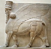 Assyrian lamassu (Human-headed winged bull); circa 713–716 BC; 4.2 x 4.4 x 1 m