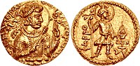 Coin of Kushan ruler Huvishka diademed, with deity Pharro ("ΦΑΡΡΟ"). Circa CE 152-192