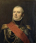 Painting of a clean-shaven man in a dark blue military uniform with plenty of gold braid.