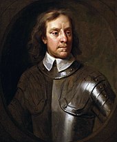 An oil painting depicting Oliver Cromwell, wearing a suit of plate armour (but no helmet).