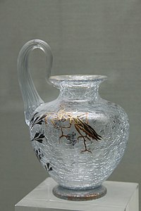 Crackled glass vase with enamel mantis and cicadas applied to the surface, by Emile Gallé (1889)