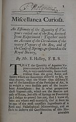 First page to volume I of Miscellanea curiosa published by the Royal Society (1705), in which Halley wrote "An estimate of the quantity of vapours raised out of the sea, derived from experiment"