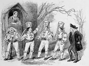 Engraving of an 1852 play with grotesque Old Father Christmas character