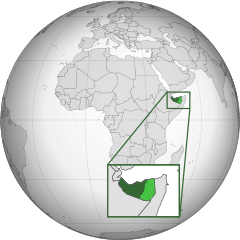 A map of the globe centered on Africa, with the territory claimed by Somaliland in light green