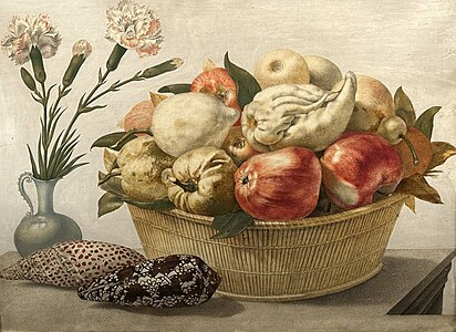 Still Life with Basket of Fruit, Vase with Carnations, and Shells on a Table (1652), Giovanna Garzoni