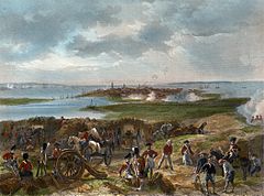 Painting depicting the Siege of Charleston. In the foreground, British troops dig ramparts and bring up siege equipment, while in the distance, the town's guns fire upon them. Beyond, in the background, British warships are getting into position on the river
