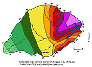 Rainfall amounts (cm) on Lake Stamford watershed from Tropical Storm Amelia, August 3-4, 1978