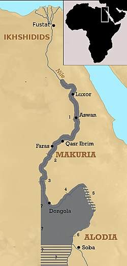 The Kingdom of Makuria at its maximum territorial extent around 960, after a raid that reached as far north as Akhmim