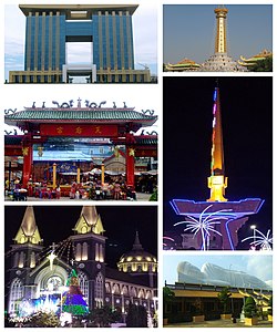 Clockwise, from top left: Bình Dương Administration Center, Đại Nam Văn Hiến, Clock Tower of Thủ Dầu Một's six-way intersection, Hội Khánh Temple, Phú Cường Cathedral, Temple of Lady Thiên Hậu.