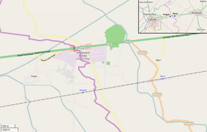 OSM map showing Attari and Wagah, their railway stations, and the Wagah border crossing. In the upper corner is shown the position of the villages between the cities of Lahore and Amritsar (click to expand)