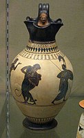 White-ground black-figure oinochoe (Wine-Jug) of Heracles and the Nemean lion, Athens, about 520–500 BC, attributed to the Painter of London, potted by Andokides.