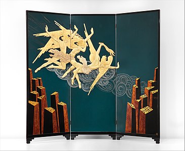 Fortissimo, a screen by Jean Dunand (1924–26), of lacquered wood, eggshell, mother-of-pear, and gold leaf. (Metropolitan Museum of Art)