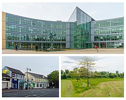 Clockwise from top: Fingal County Council's Civic Offices; Millennium Park; businesses in Blanchardstown during the COVID-19 pandemic