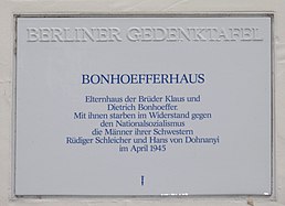 Berlin memorial plaque at Bonhoeffer house.