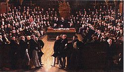 Picture commemorating the passing of the Reform Act in 1832. It depicts the first session of the new House of Commons on 5 February 1833