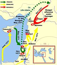 Die Kämpfe im Orient im Jahr 1271: Kreuzfahrer (grün), Mameluken (gelb) und Mongolen (rot)