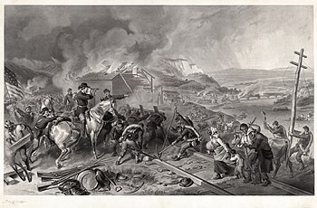 Military personnel destroy a railroad and telegraph pole, while a barn burns in the background