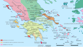 Map showing the distribution of the Aegean region between the Franks and the Byzantine successor states around 1210.