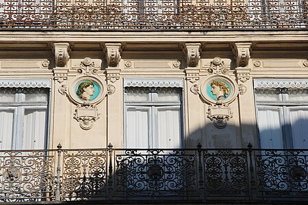 Beaux Arts polychrome medallions on the facade of a building in Montpellier, France, unknown ceramist, mid-to-late 19th century