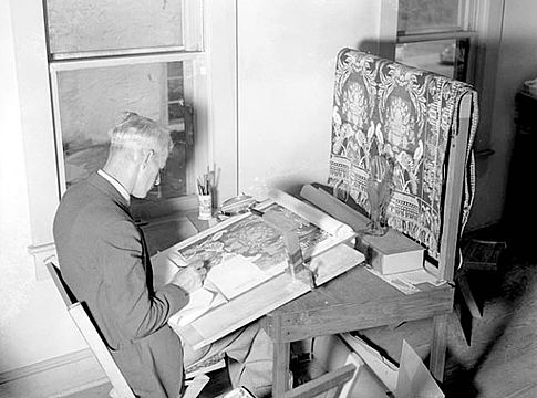 Magnus Fossum copying the 1770 Boston Town Coverlet (February 1940)