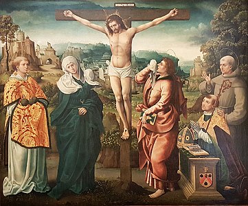 The Crucifixion by Noël Bellemare and workshop (about 1519-26). It depicts the Bishop of Paris, François Poncher, in prayer.