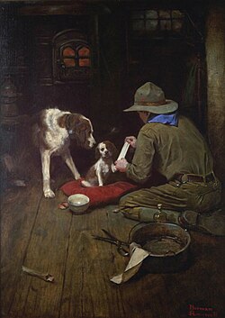 A Boy Scout in a dark tan uniform with a matching wide brimmed hat bandages the foot of a spaniel puppy while being watched by its mother
