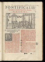 The first page of a 1572 Pontificale Romanum featuring a printed image and text in Latin. The image and a small amount of text is in black ink, while the rest of the text is in red ink.
