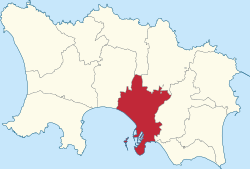 St Helier highlighted on a map of the parishes of Jersey