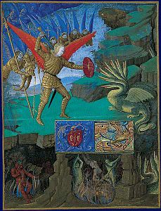 Saint Michael slaying the dragon in Jean Fouquet's Book of Hours, c. 1452
