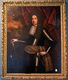 A 3/4-length painted portrait of Donough MacCarty, probably 2nd Viscount Muskerry at the time, showing a clean-shaven man with long curly hair or such a wig, wearing a lace jabot and clad in armour with a yellow sash with two tassels around his waist, standing in front of some drapery opening on a distant landscape with a palace and a French garden in front of it