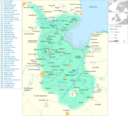 Map of the Fens within eastern England along with the major settlements, rivers and drains within it.[1]
