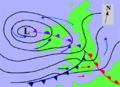 Image 31A fictitious synoptic chart of an extratropical cyclone affecting the UK and Ireland. The blue arrows between isobars indicate the direction of the wind, while the "L" symbol denotes the centre of the "low". Note the occluded, cold and warm frontal boundaries. (from Cyclone)