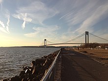 View northwest at the Verrazzano-Narrows Bridge, as seen from Brooklyn during sunset