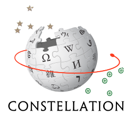 Red orbit path around Wikipedia logo, with constellations of green pluses and bronze stars