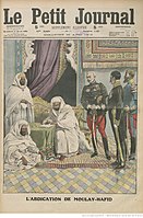 An illustration of Abd al-Hafid signing the Treaty of Fes on the front page of Le Petit Journal's weekly Supplément illustré, printed August 25, 1912.