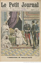 An illustration of the abdication of Abd al-Hafid published in Le Petit Journal