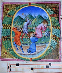 Antiphonary II: Two kneeling saints beaten to death in a landscape (ca. 1442) Tempera, gold, and ink on vellum (20.5 x 10 cm.) Biblioteca Comunale degli Intronati, Siena