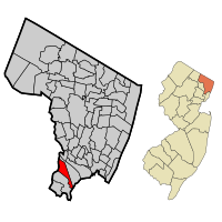 Location of Rutherford in Bergen County highlighted in red (left). Inset map: Location of Bergen County in New Jersey highlighted in orange (right).