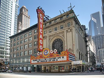 The facade of the Chicago Theatre.