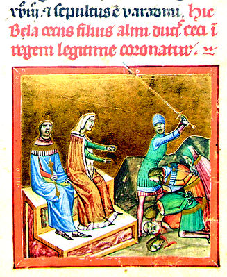 Chronicon Pictum, Hungarian, Hungary, Béla II of Hungary, Béla the Blind, Queen Helena, throne, Arad, assembly, beheading, decapitation, execution, sword, medieval, chronicle, book, illumination, illustration, history