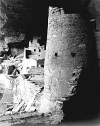 Round tower, Cliff Palace in 1941. A 1941 photograph of Cliff Palace by Ansel Adams