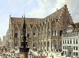 Braunschweig, Altstadtrathaus, 15. Jh., gemalt 1834, obere Laube mit Maßwerkbögen, Anklang an Kirchenfenster