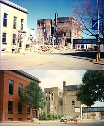 Two images of the same area. The top image shows several buildings, one with fire damage. A large pile of rubble is located between them. A tree at the right has no leaves on it. The bottom image shows the same buildings now painted and somewhat restored. The pile of rubble has been replaced with multiple small trees. The tree at the right is full of green leaves.