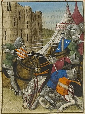 "How Lancelot fought the six knights of Chastel d'Uter to save the knight of the badly-cut coat." (Tristan en prose c. 1479–1480)