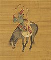 Male attendant wearing a Mongol robe with underarm openings (Haiqing). His left arm passes through the underarms opening, making the left side sleeveless. Images from the painting Khubilai Khan Hunting.