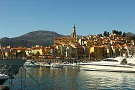 The harbour of Menton, with the basilica of Saint-Michel-Archange beyond, viewed from the Quai Napoléon III